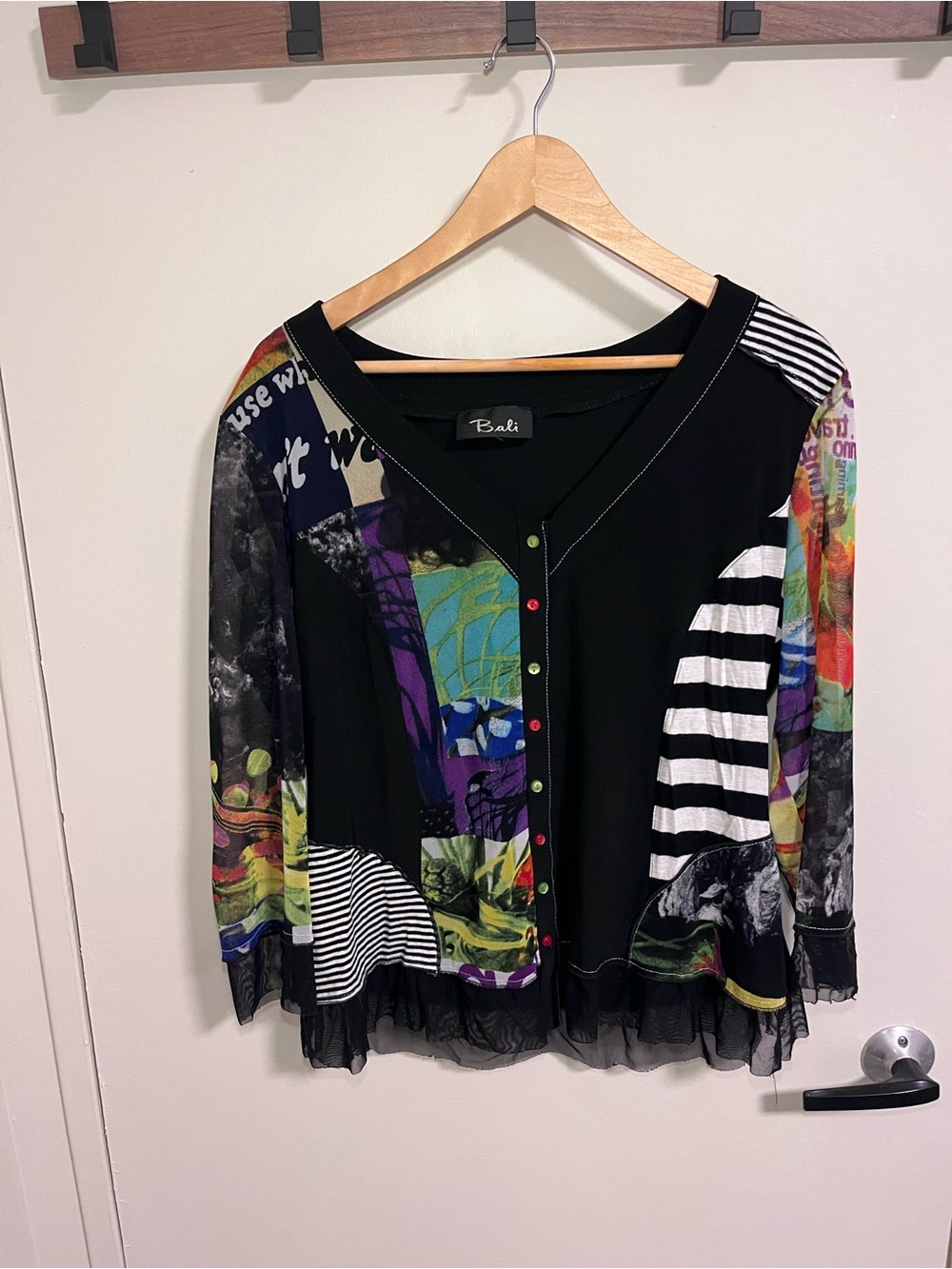 Bali Women’s small- medium Black Multicolor Patchwork V-Neck Button Cardigan